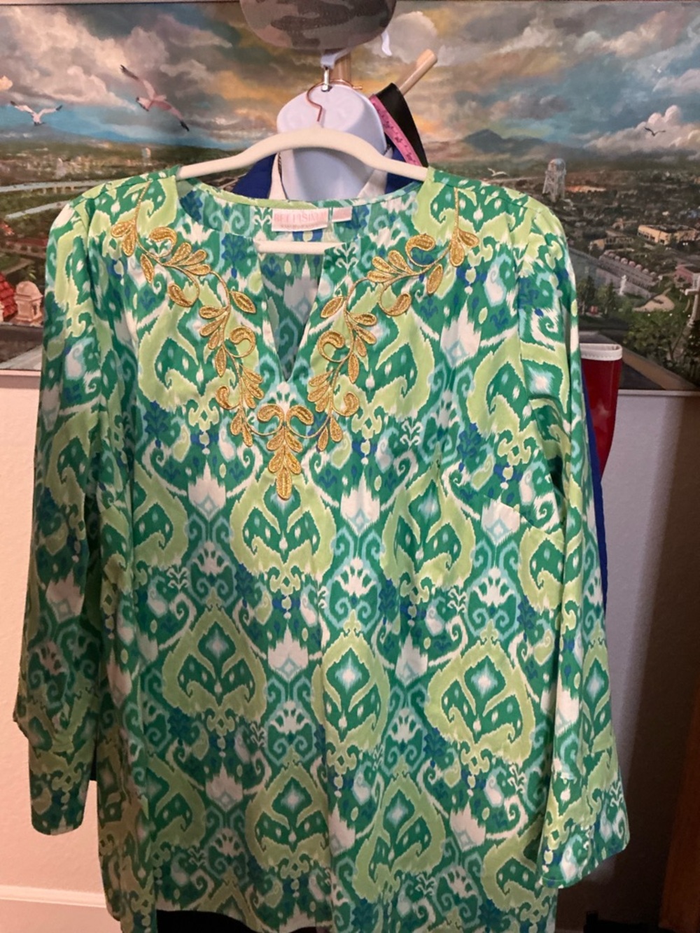 Belle by Kim Gravel Green and Aqua Ikat Tunic with Gold Embroidery